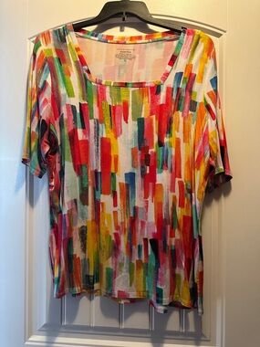 Investments Multi-Color Brushstroke Short Sleeve Square Neck Top